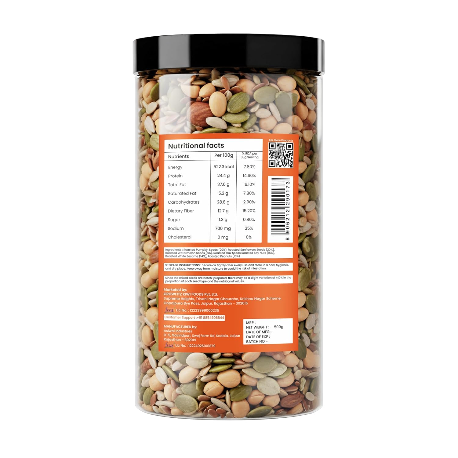 Growfitz 7-in-1 Super Seed Mix | 500g | 24.4g High Protein & Fiber | Roasted & Salted Pumpkin, Sunflower, Flax, Chia, Soy Nuts & Sesame | Healthy Snack |