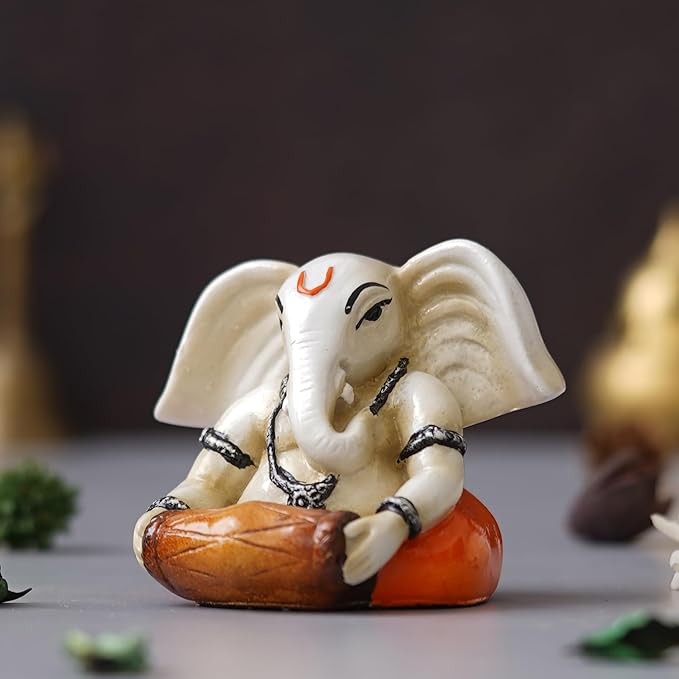 Ecraftindia White & Orange Polyresin Handcrafted Lord Ganesha Idol Playing Dholak Musical Instrument | Decorative God Statue Ideal