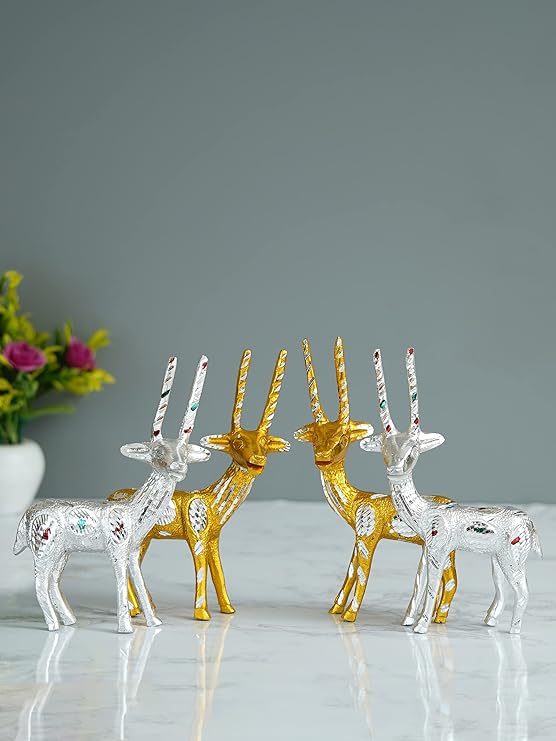Ecraftindia Set of 4 Engraved Golder and Silver Deer Pair Handcrafted Decorative Metal Figurine
