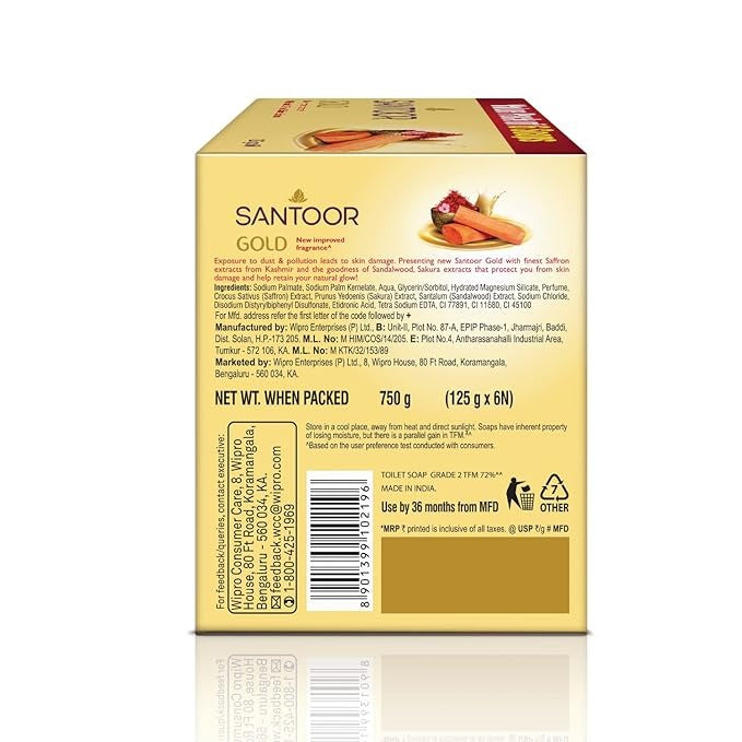 Santoor Gold Bathing Bar Soap with Kashmiri Saffron Sandal & Sakura Extracts - 125 gms (Pack of 6)