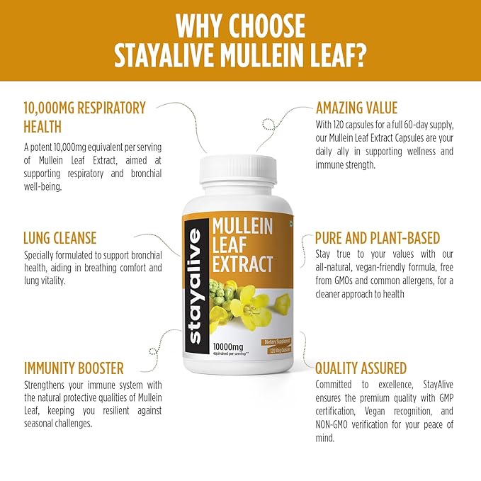 StayAlive Mullein Leaf Capsules 10000mg 10:1 Super Extract for Lungs - 120 caps