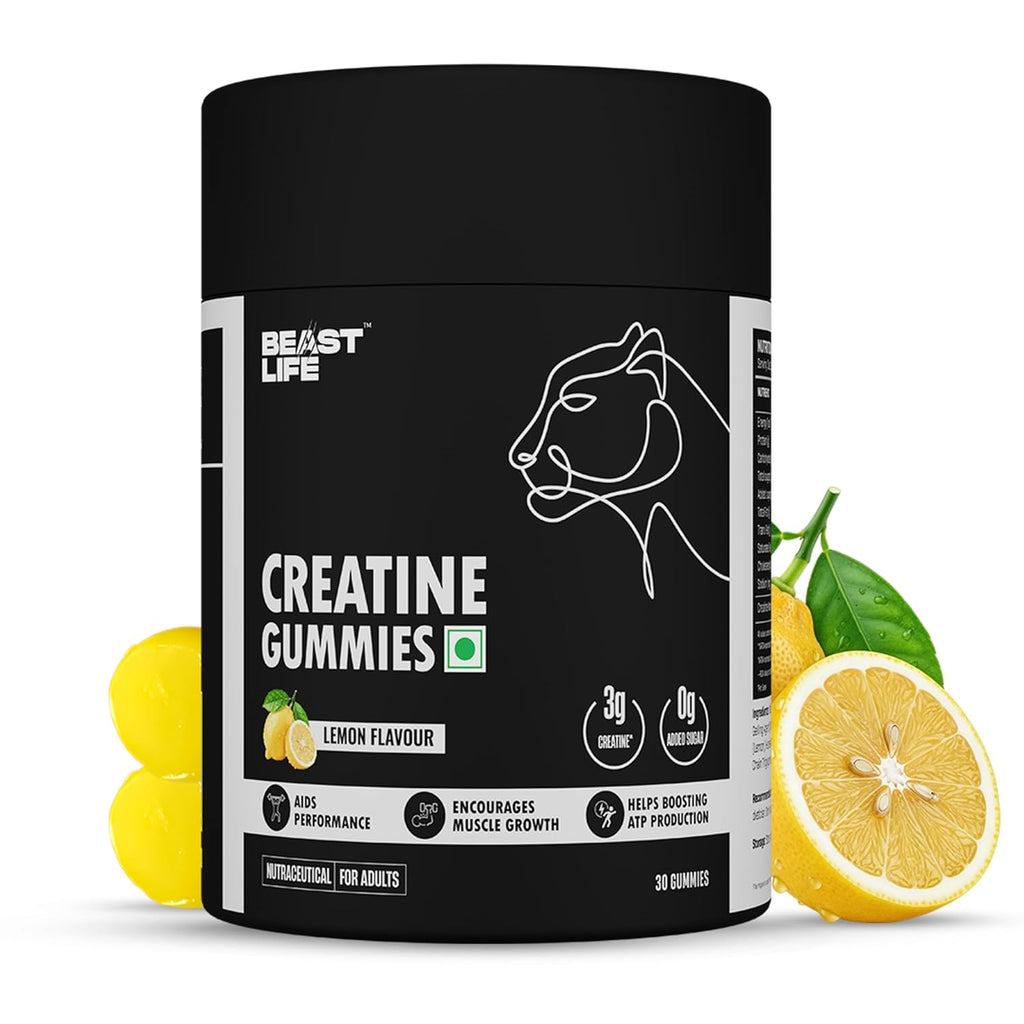 BeastLife Creatine Gummies | Lemon Flavour | 3g Creatine Monohydrate Per Serving | Boosts Energy, Strength, Endurance & Muscle Building Support | Fast Recovery | Zero Added Sugar | 30 Gummies