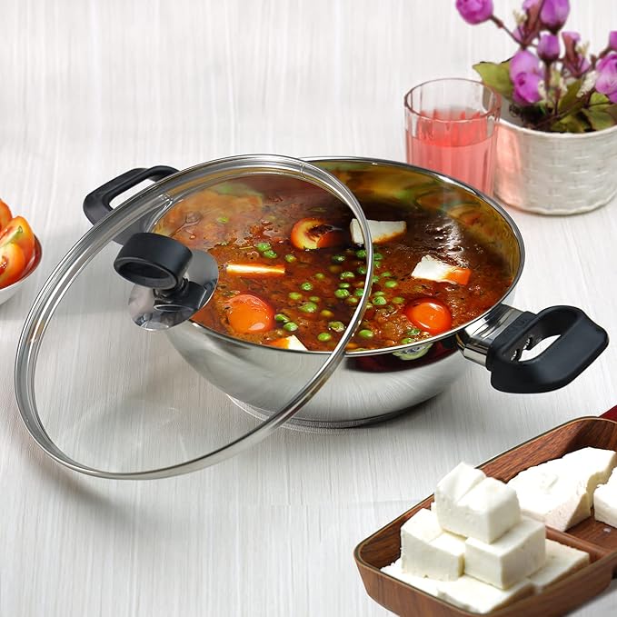 Vinod Stainless Steel Deluxe Kadhai with Glass Lid - 3.8 Litre, 26cm | Extra Thick, SAS Bottom | Soft Handle | Kadai for Cooking