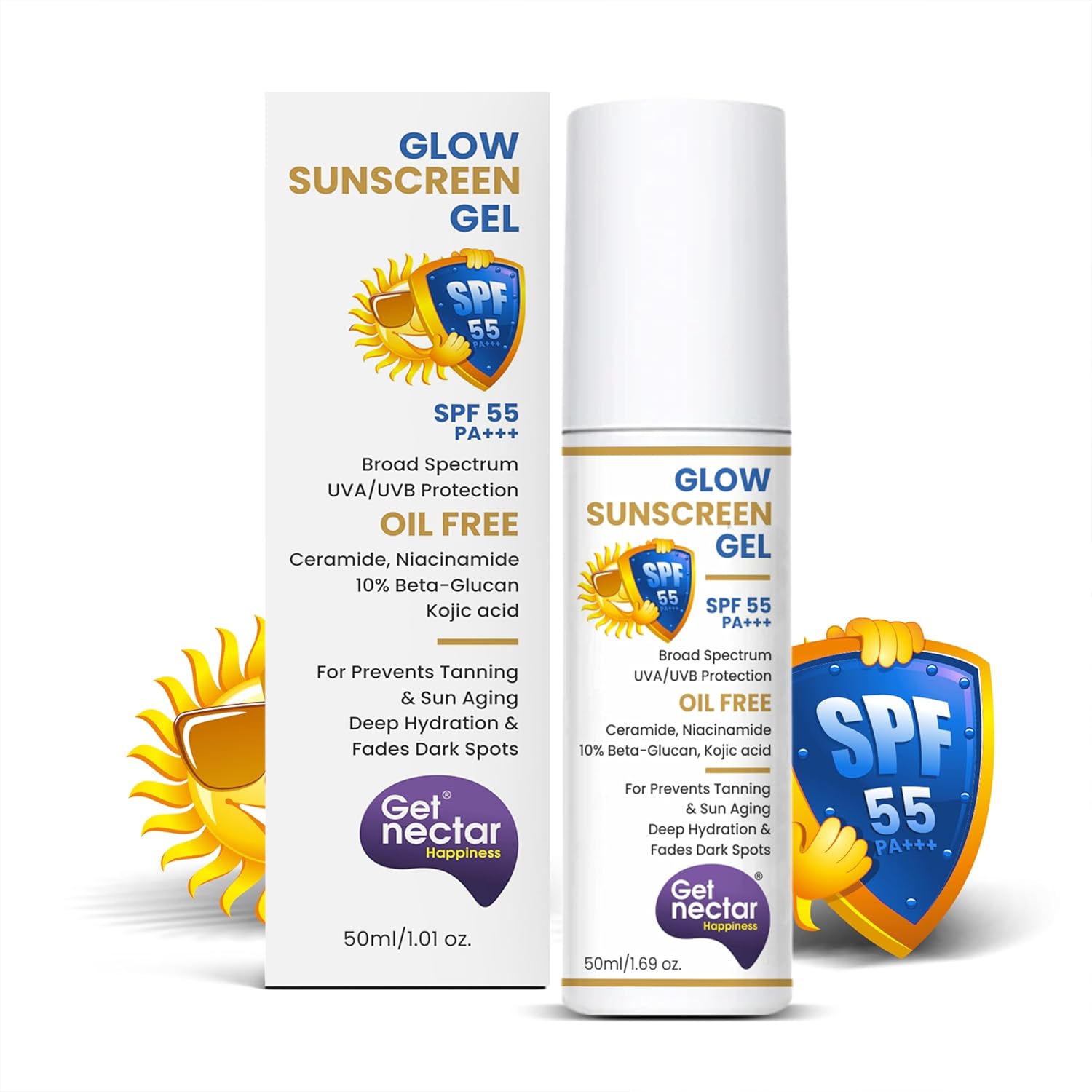 Get Nectar Happiness Glow Sunscreen Gel SPF 55 PA+++ | For Oily, Dry, Acne-prone Skin | Ultra Lightweight Texture I Non-Greasy I No White Cast | Broad Spectrum Protection & Fades Dark Spots 50ml (1)