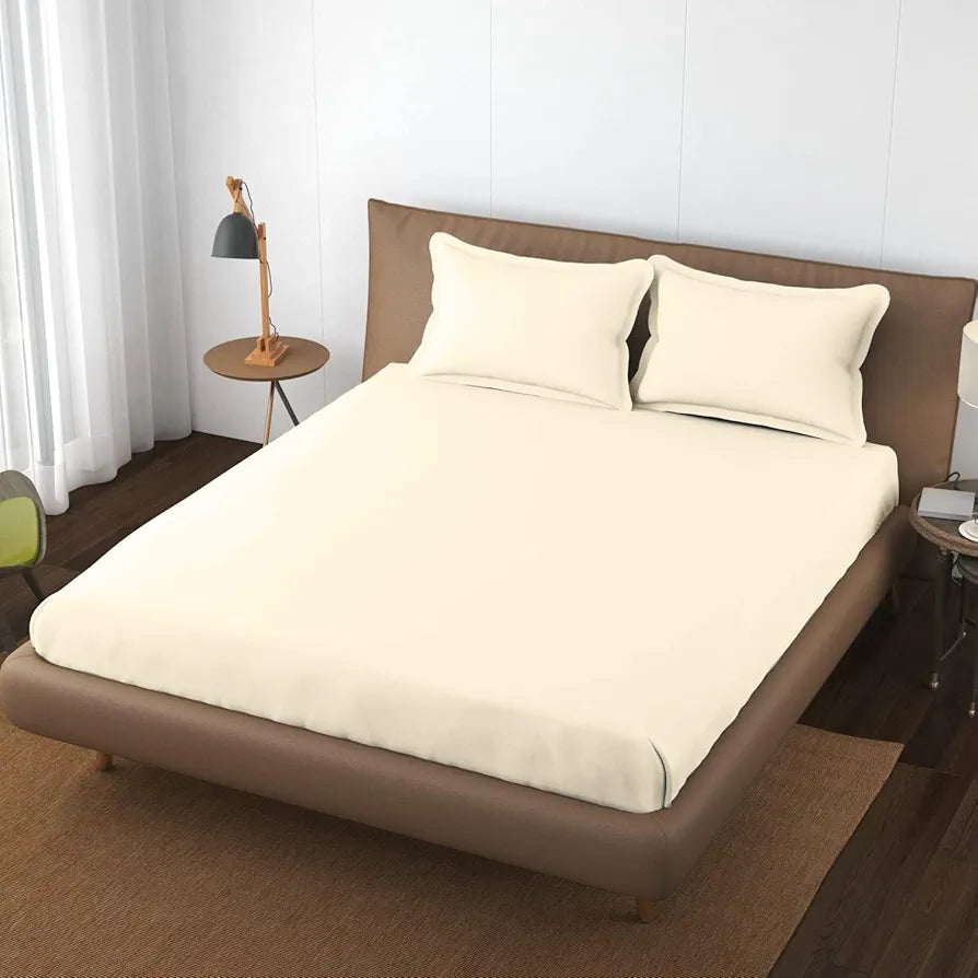 Trance Home Linen 100% Cotton 78x72 inch King Elastic Fitted Bedsheet 400 Thread Count Premium Plain Elastic Bedsheet with 2 Pillow Covers Colour Ivory