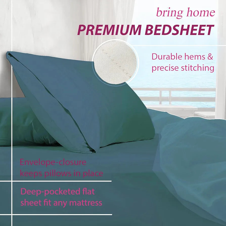 Trance Home Linen Premium 300 TC Pure 100% Cotton King Fitted Bedsheet With 2 Pillow Solid Covers Elasticated 78 X 72 Inches / 198 X 182 Cms / 6.5 X 6 Feet Colour Teal