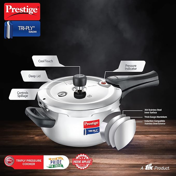 Prestige Stainless Steel Svachh Tri-Ply Handi Pressure Cooker 5 Litre Silver