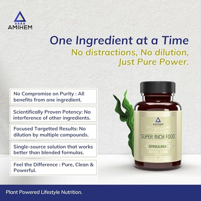 Amihem Spirulina Capsules | Supports Gut Health, Eye Health, Energy, Endurance & Immunity - 30 Capsules (Pack of 3)