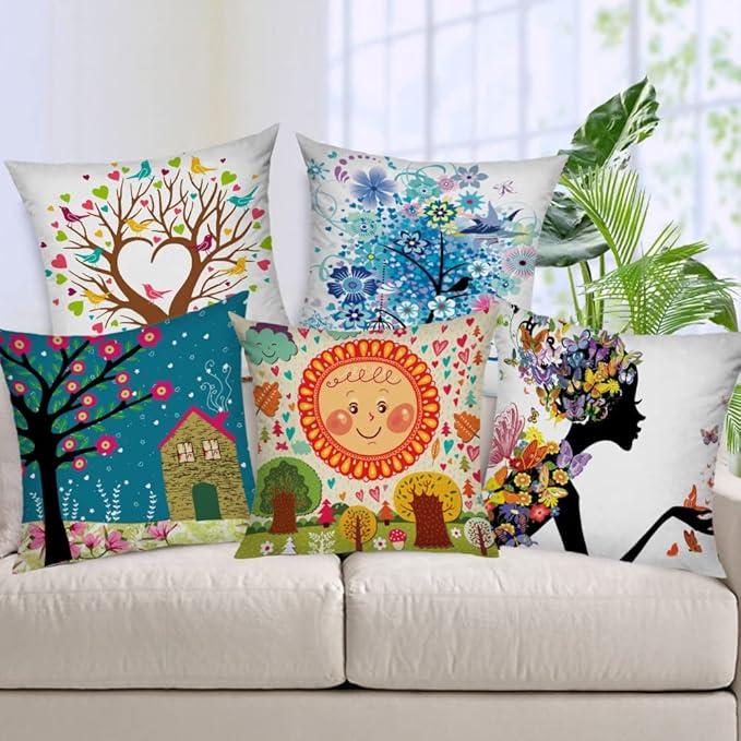 Aerohaven Set of 5 Abstract Decorative Hand Made Jute Throw Pillow Cushion Covers Multicolor