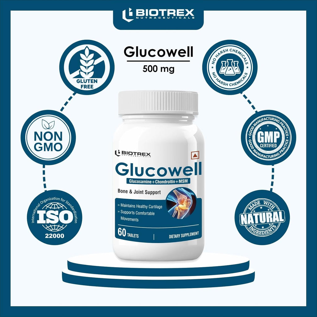 Biotrex Nutraceuticals Glucowell 500mg | Glucosamine, MSM & Chondroitin Supplement | Cartilage, Joint & Bone Health | 60 Tablets (Pack of 1)