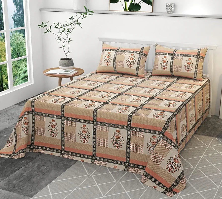 HomeKart Ultra Super Soft Pure Cotton Double Bedsheet with Two Pillow Covers for Your Bedroom Floral & Block Printed Premium Bedsheet Orange & Beige