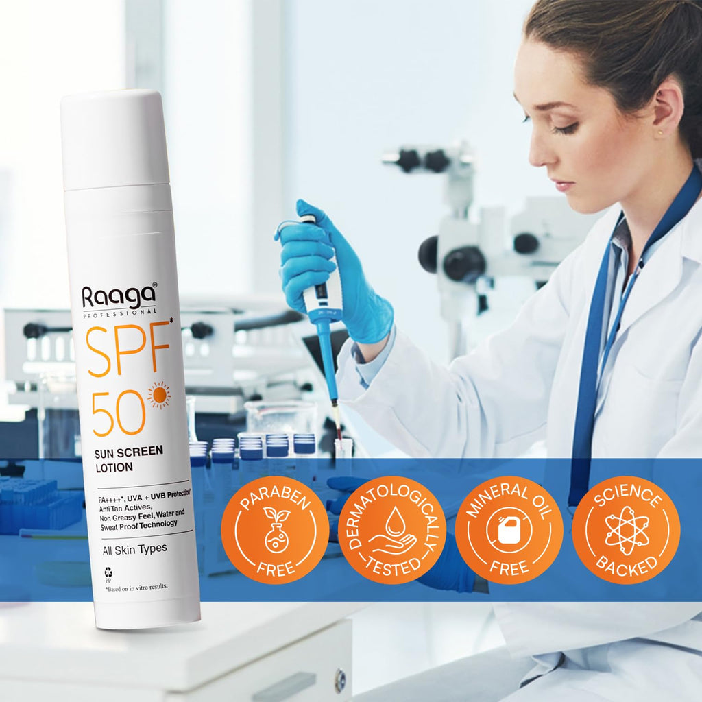 Raaga Professional SPF 50 Sunscreen Lotion | PA++++, UVA + UVB Protection,All Skin, Anti Tan Activities, Non-Greasy Feel, Water and Sweat Proof Technology (55 ml)