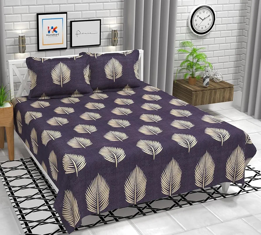 HomeKart Leaves 180 Tc Ultra Super Soft Cotton Feel Microfiber Double Bedsheet with Two Pillow Covers for Your Bedroom Violet