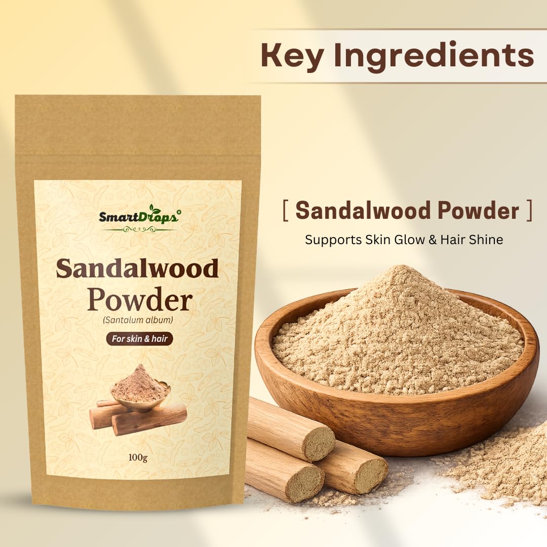 Smartdrops Sandalwood Powder for Hair and Skin Face Pack Hair Mask Mixing Powder for DIY Beauty and Scalp Care Routine | Sandalwood Powder Face Pack for Glowing Skin & Tan Removal | 100g (Pack-1)
