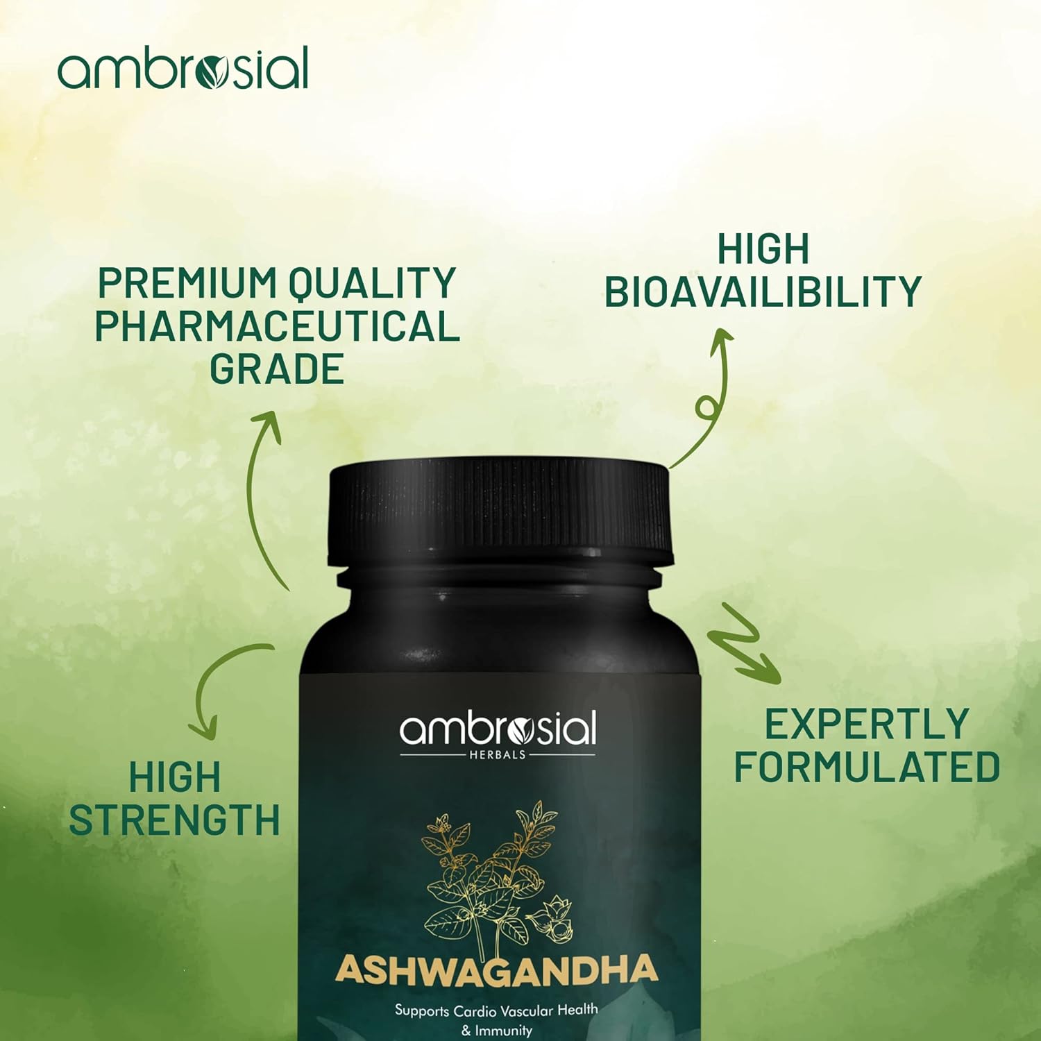 Ambrosial Ashwagandha 500mg | Herbal Supplement | 100% Natural & Vegan | High Strength | Immunity Support (Pack of 1-60 Capsules)