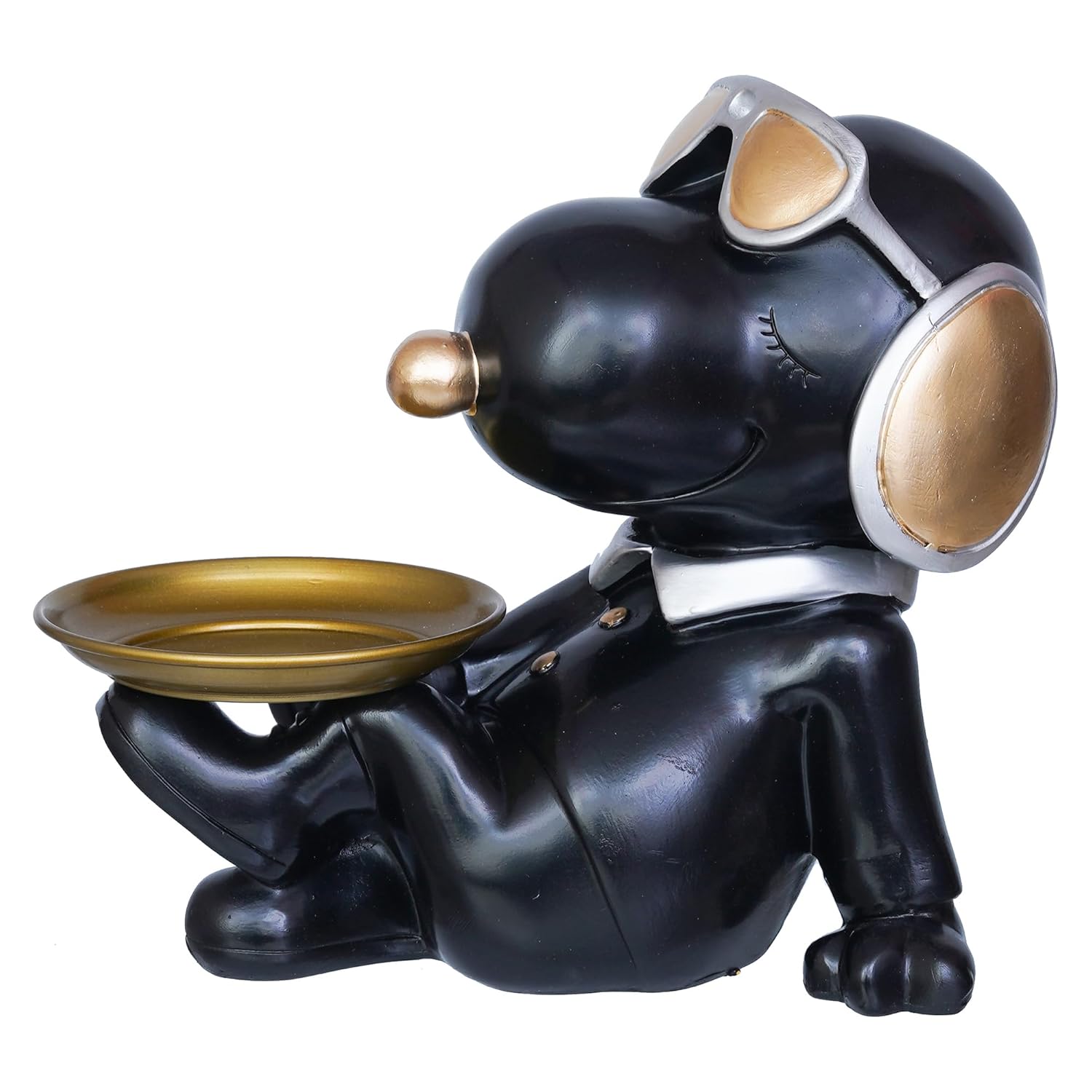 Ecraftindia Cute Balck Bull Dog Statue Sitting With Glasses and Headset Playing Whistle Decorative Animal Figurine