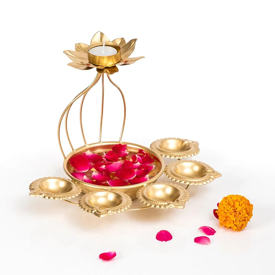 Metal Lotus Tealight Candle Holder with Base of Urli Bowl and Diya Gold