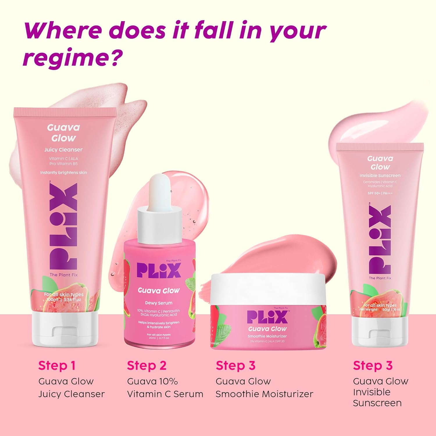 PLIX  Face Serum-20ml, Cleanser-100ml& Zero White Cast Sunscreen -50g