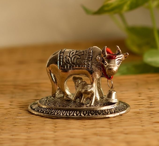 Ecraftindia Handcrafted Cow and Calf Metal Figurine | Silver