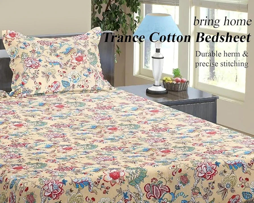 Trance Home Linen 144TC 100% Cotton Heritage Elastic Fitted Bedsheet with 2 Pillow Covers Jaipuri Printed Artisan Block Design Soft Hypo-Allergenic Colour Malhaar red