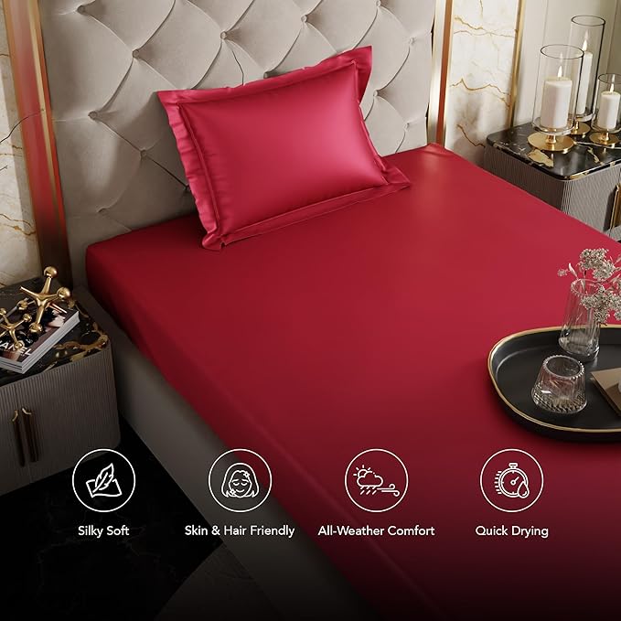 Stoa Paris Satin Elastic Fitted Bedsheets for Single Bed 300TC Premium 1 Pillow Cover Colour Flirty Red