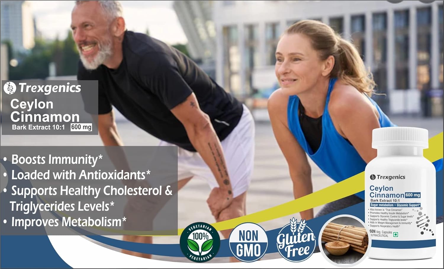 Trexgenics CEYLON TRUE CINNAMON 600 mg Diabetic Care, Sugar Level Support VEGAN & NON-GMO (60 Veg. Capsules) (Pack of 1)