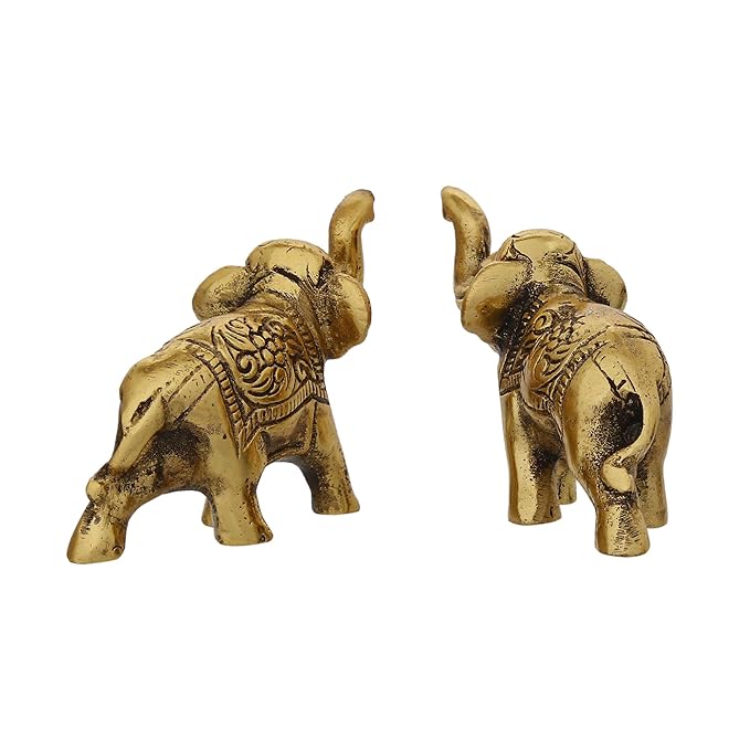 Ecraftindia Set of 2 Golden Metal Elephant Statues for Good Luck | Animal Figurines Decorative Elephant Showpieces