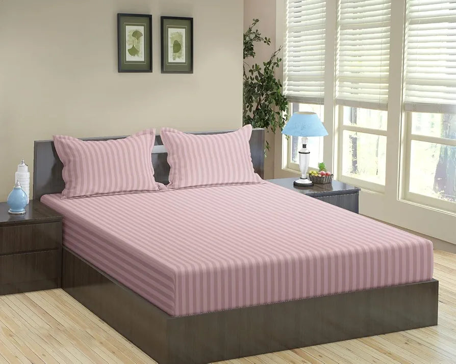 Trance Home Linen Cotton 78X36 Inch Single Fitted 200TC Satin Stripe Elastic Fitted Bedsheet With 1 Pillow Covers Colour Cameo Rose