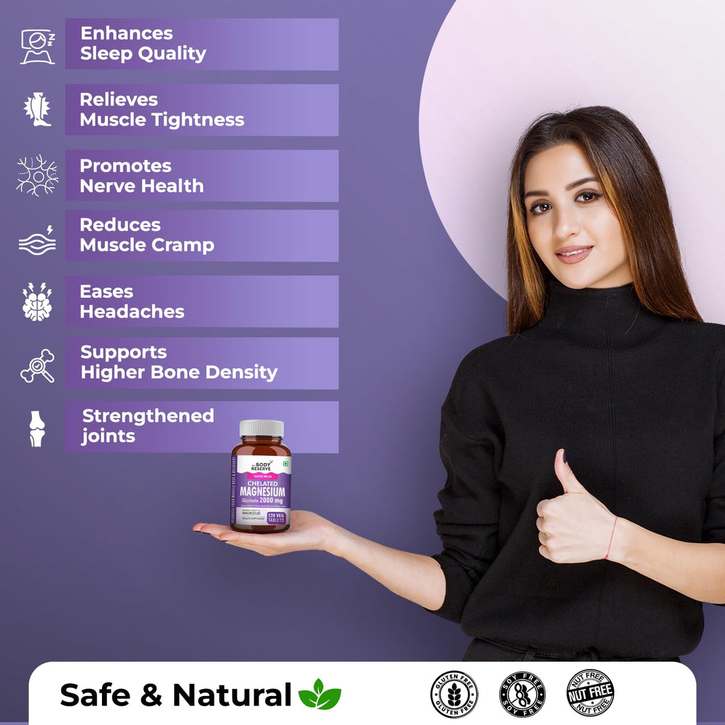 The Body Reserve Magnesium Glycinate Supplement | 2000mg Per Serving High-Absorption Chelated Form | Magnesium Supplement for Muscle & Nerve Relaxation | Sleeping Tablets for Deep Sleep | For Men & Women | 120 Veg Tablets