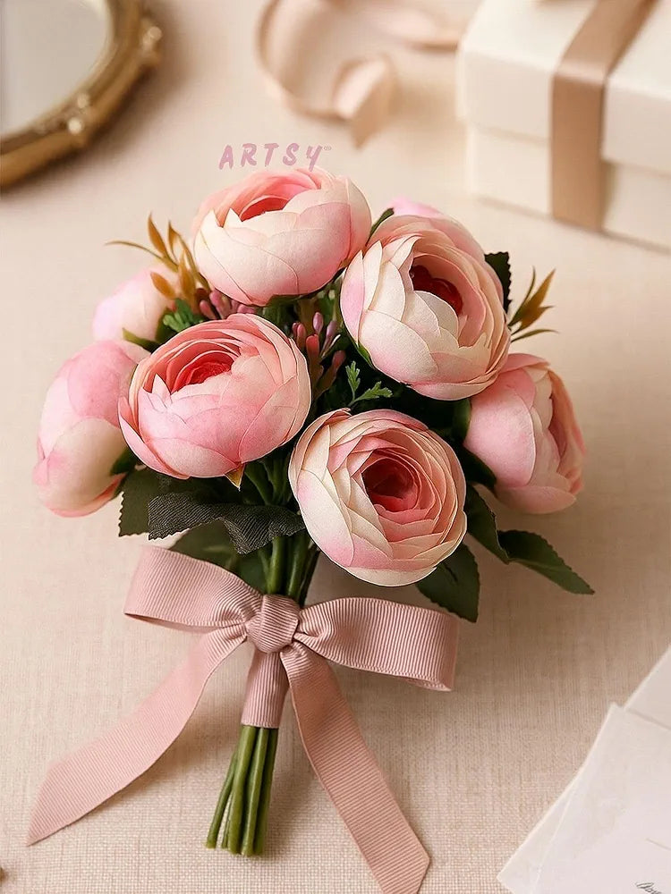Artificial Flowers Dry Peony Rose Flower Bunch Without Vase Pack of 2 piece 6 Branches each Baby Pink