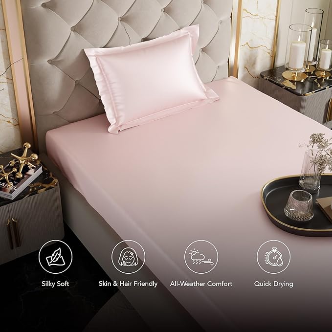 Stoa Paris Satin Elastic Fitted Bedsheets for Single Bed 300TC Premium 1 Pillow Cover Colour Blushing Pink