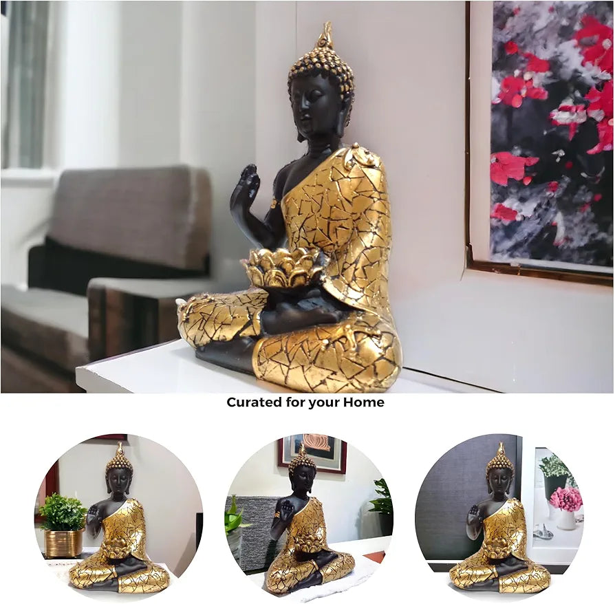 Neelaya Meditating Buddha Statue With Tealight Candle Holder Polyresin Showpiece 28 Cm Black Gold
