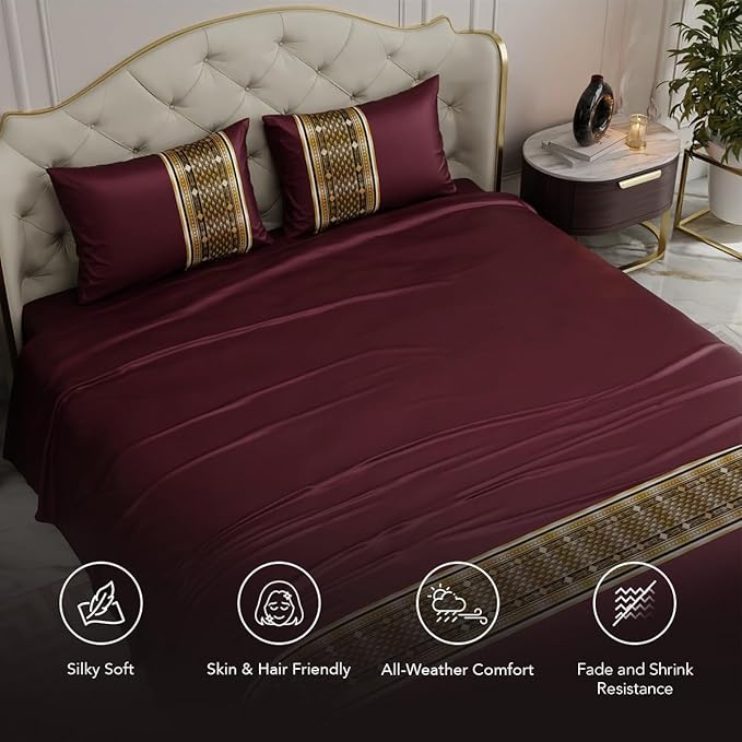 Stoa Paris Bedsheets for Double Size Bed Satin Bedsheet Set with 2 Pillow Covers Colour Royal Treasures-Wine