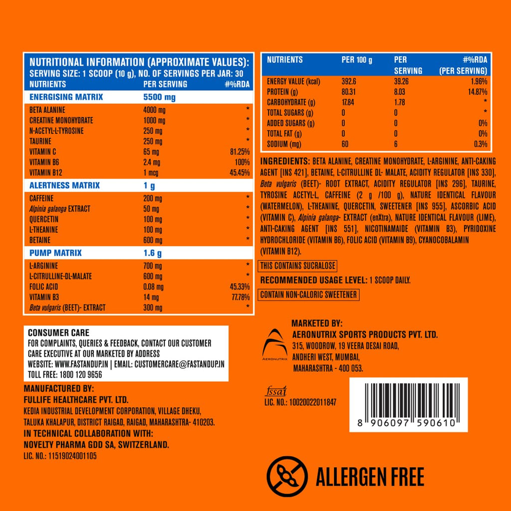 Fast&Up Pre-Workout Supplement Powder (30 Servings, Watermelon Flavour) | Pre Workout Supplement For Men & Women with B-Alanine, Creatine, Taurine For Performance & Energy Boost, 300 gm