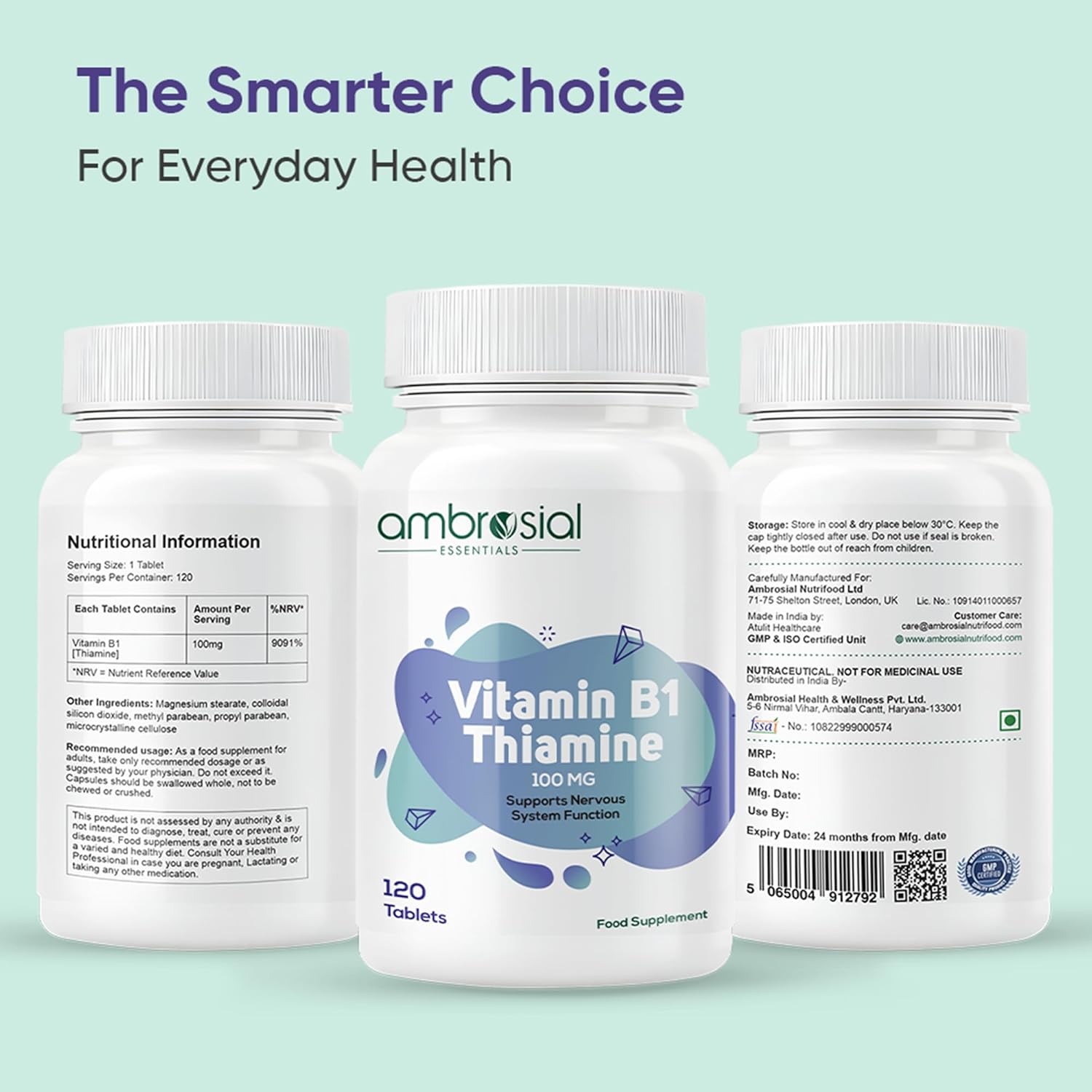 Ambrosial Vitamin B1 Thiamine 100mg - High Strength Vitamin B1 Thiamine for Heart, Immune System, Psychological Function, and Energy Yielding - 120 Tablets