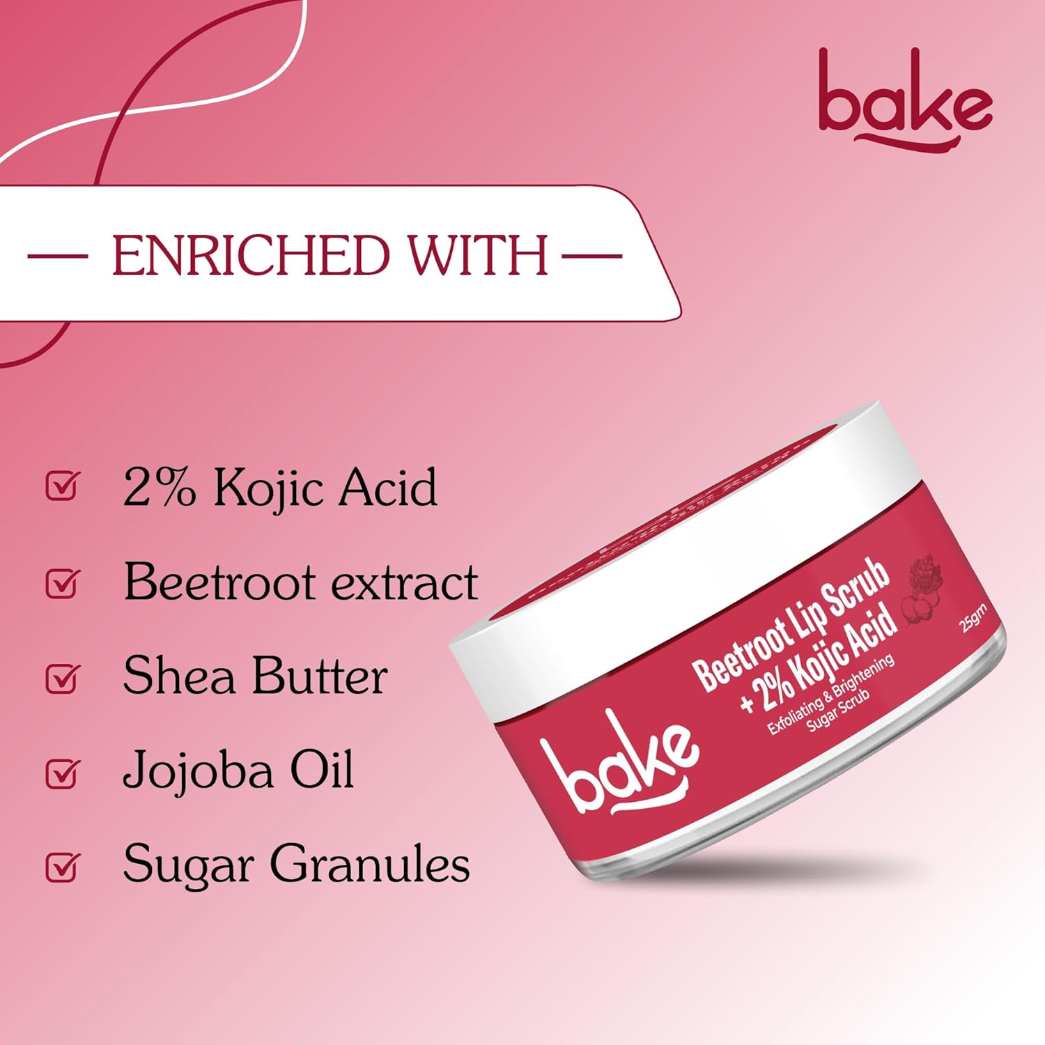 BAKE 2% Kojic Acid Beetroot Lip Scrub for Dark Pigmented Lips with Sugar Granules for Dry & Pink Lips, For Men & Women - 25g