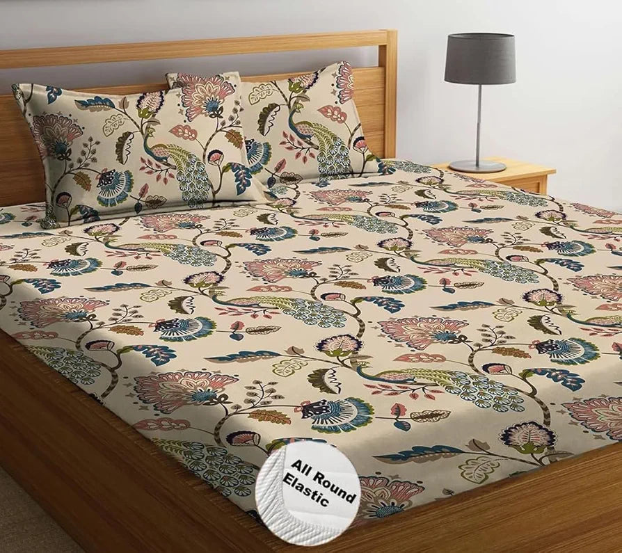 The Home Style Cotton Elastic Fitted All Around Printed Queen Size Double Bed Bedsheet wih 2 Pillow Cover  400TC Beige Flora