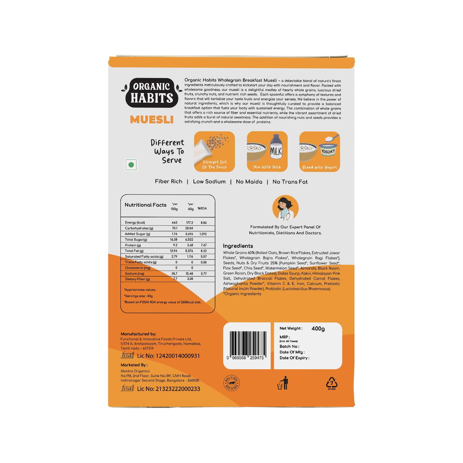 Organic Habits Muesli, Working Women Friendly Breakfast Cereal With Probiotics & Prebiotics - 400 Gms