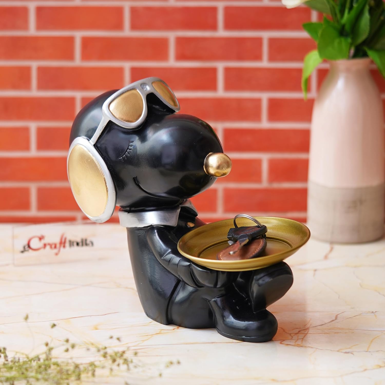 Ecraftindia Cute Balck Bull Dog Statue Sitting With Glasses and Headset Playing Whistle Decorative Animal Figurine