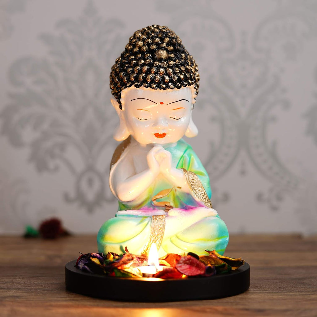 Ecraftindia Green and White Polyresin Praying Little Monk Buddha Statue With Wooden Base | Fragranced Petals Tealight Candle Holder