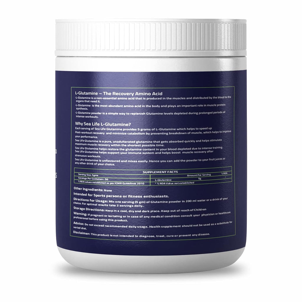 Sea Life 100% Pure L-Glutamine | Glutamine Powder, Amino Acid | Post Workout Supplement for Muscle Growth & Recovery - 250g, Unflavoured (50 Servings) For Men & Women. Pack of-1