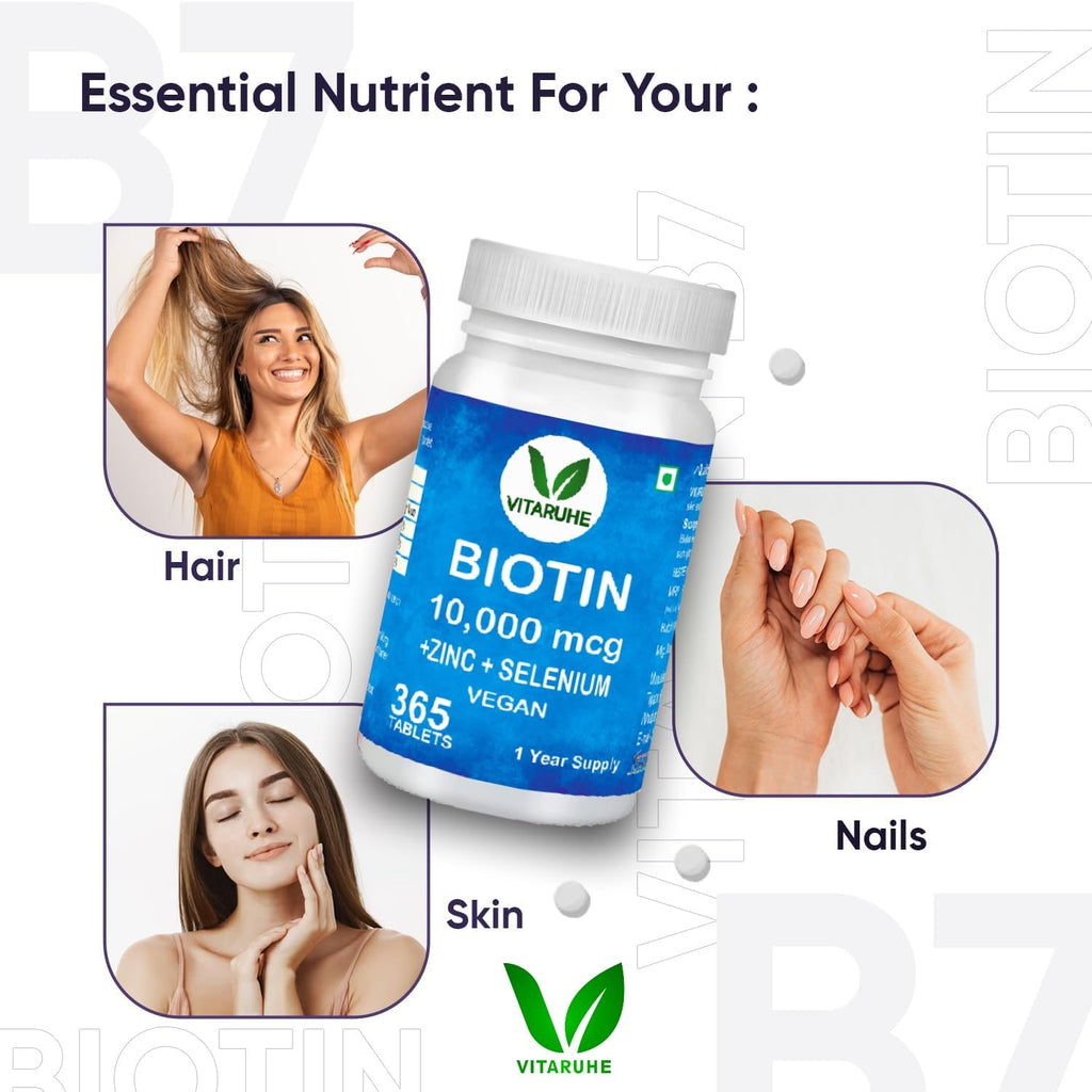 Vitaruhe Biotin High Dose Biotin + Zinc + Selenium Vegan Hair Growth Supplement for Healthy Skin, Hair and Nails, Full Year Supply, 365 Tablets