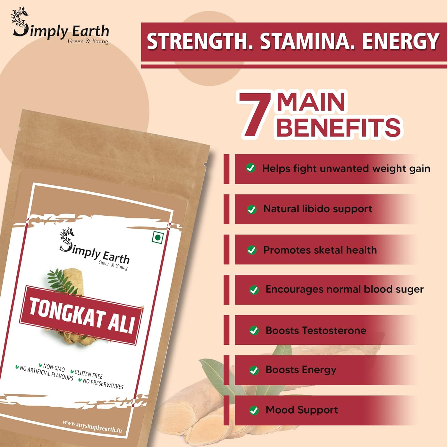 Simply Earth Power & Focus Combo: 50g Pure Tongkat Ali Root Powder (100:1 Extract) + 100g Ginkgo Biloba Powder - Herbal Blend for Stress Tolerance, Brain Health and Strength