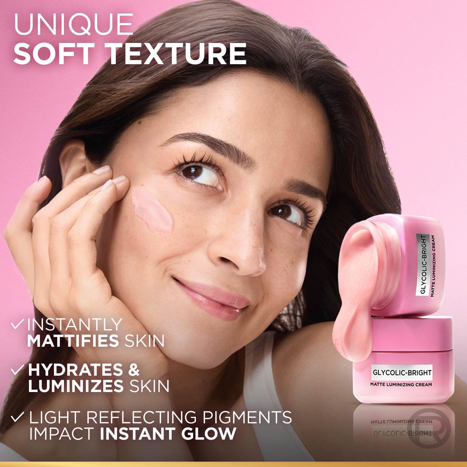 L'Oréal Paris Glycolic Bright Matte Luminizing Cream, 50ml | Instant glow booster | Fades dark spots | Highlighter in moisturzier | Strobe Cream