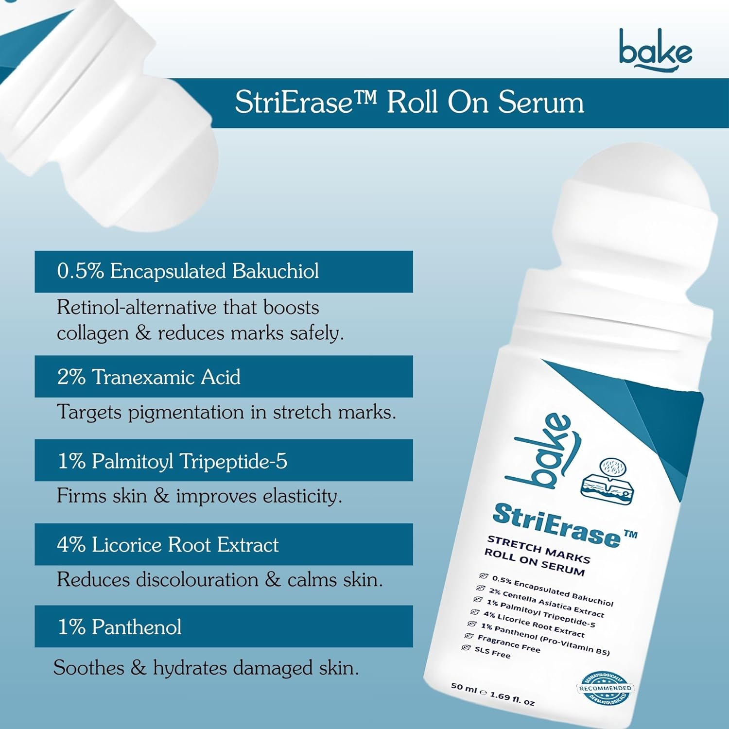 BAKE StriEraseâ„¢ Stretch Marks Removal Roll On Serum | For Pregnancy Use | 0.5% Encapsulated Bakuchiol, 2% Centella Asiatica | Fades Stretch Marks & Scars, Firms Skin & Improves Uneven Skin | Fragrance Free, SLS Free â€“ 50ml