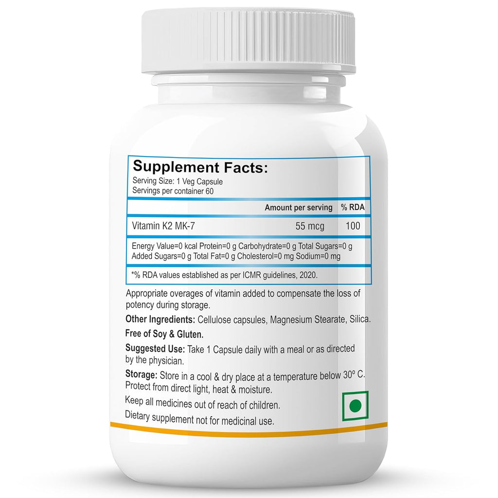 Biotrex Nutraceuticals Vitamin K2 MK-7 (Vegetarian Source) 55mcg | Bioactive Menaquinone-7 | Bone Health & Calcium Metabolism | High Absorption Formula | 60 Veg Capsules