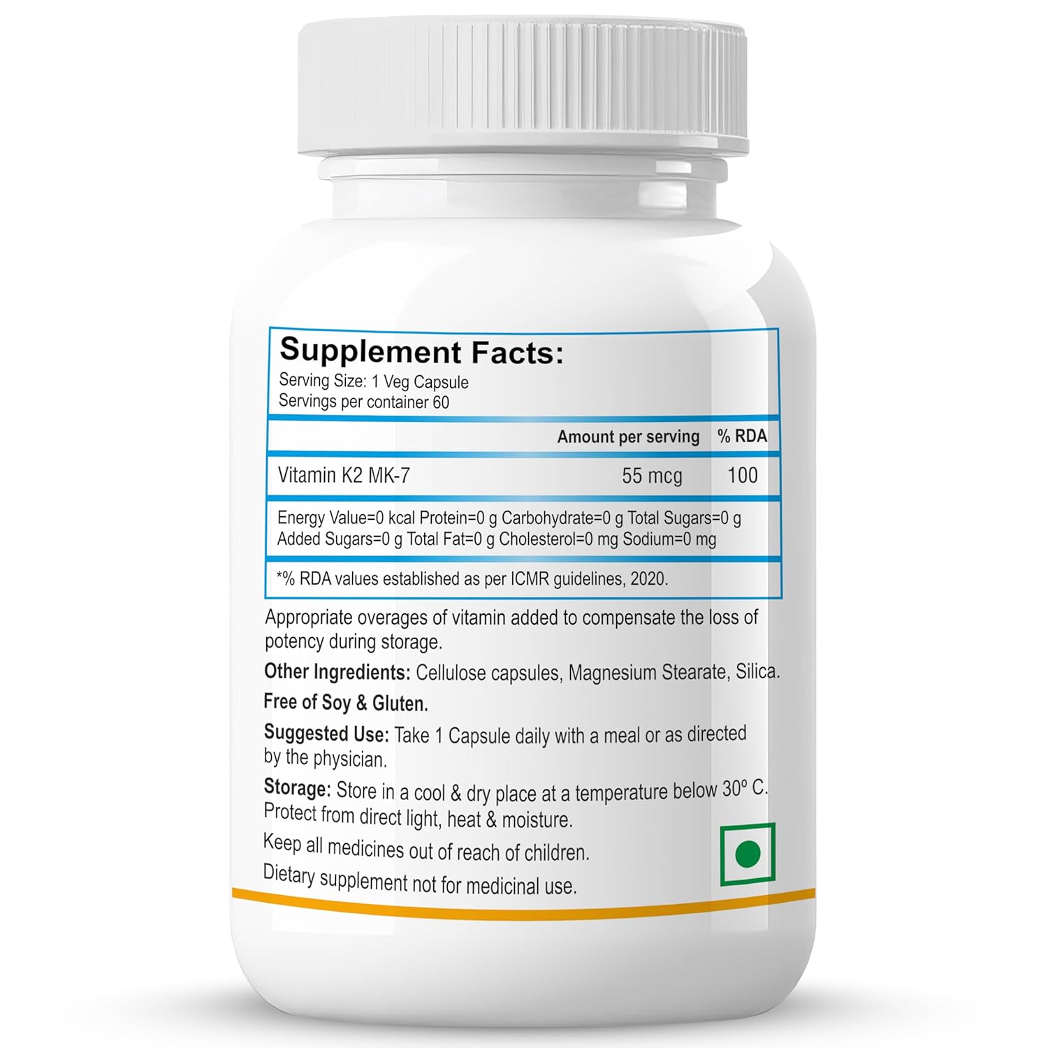 Biotrex Nutraceuticals Vitamin K2 MK-7 (Vegetarian Source) 55mcg | Bioactive Menaquinone-7 | Bone Health & Calcium Metabolism | High Absorption Formula | 60 Veg Capsules