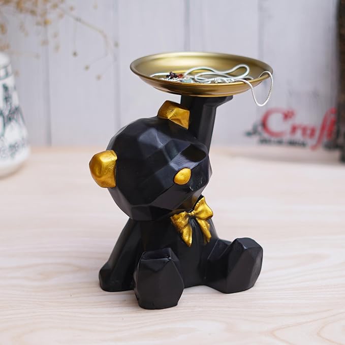Ecraftindia Geometric Black Sitting Teddy Bear Statue Holding Tray Decorative Showpiece for Home