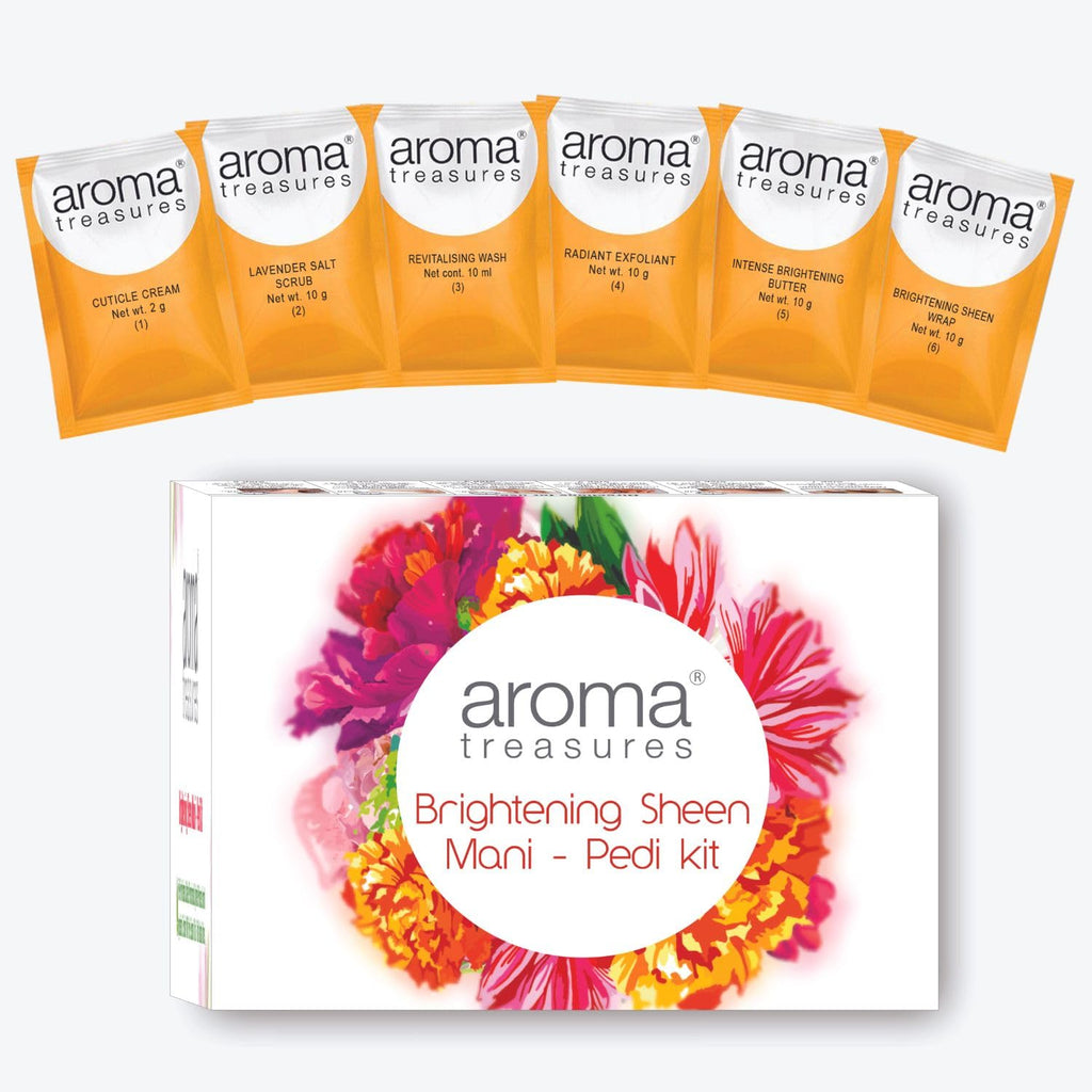 Aroma Treasures Brightening Sheen Mani-Pedi Kit |Arbutin, Lavender, Orange & Lemongrass for Skin Brightening & Tan Removal | 6-Step Manicure Pedicure Kit with Bath Salt, Scrub, Butter & Wrap