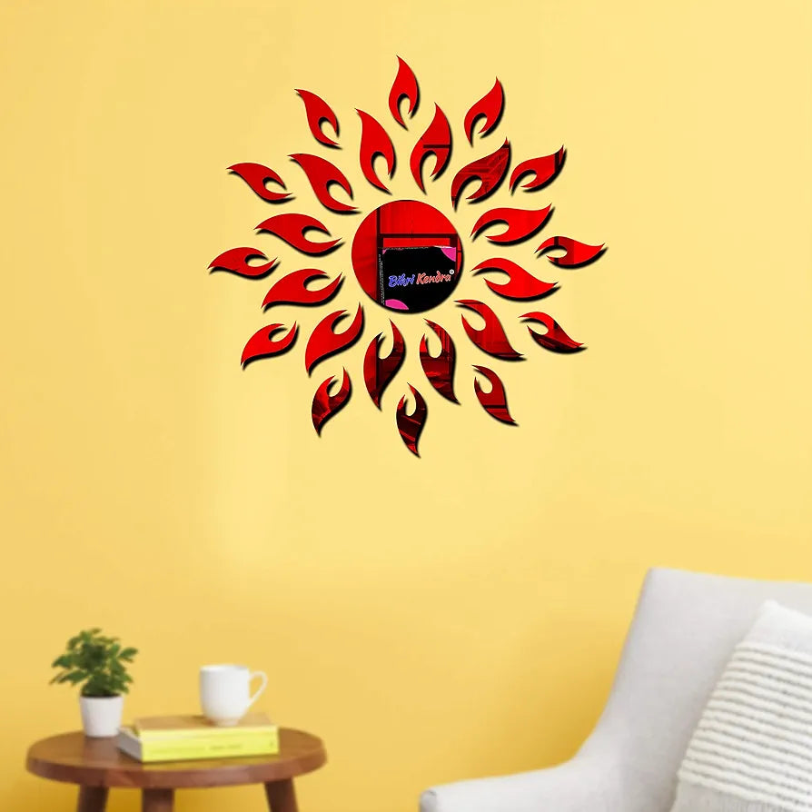 Bikri Kendra Ind Sun red with 12 Square Golden Mirror Stickers for Wall Decor